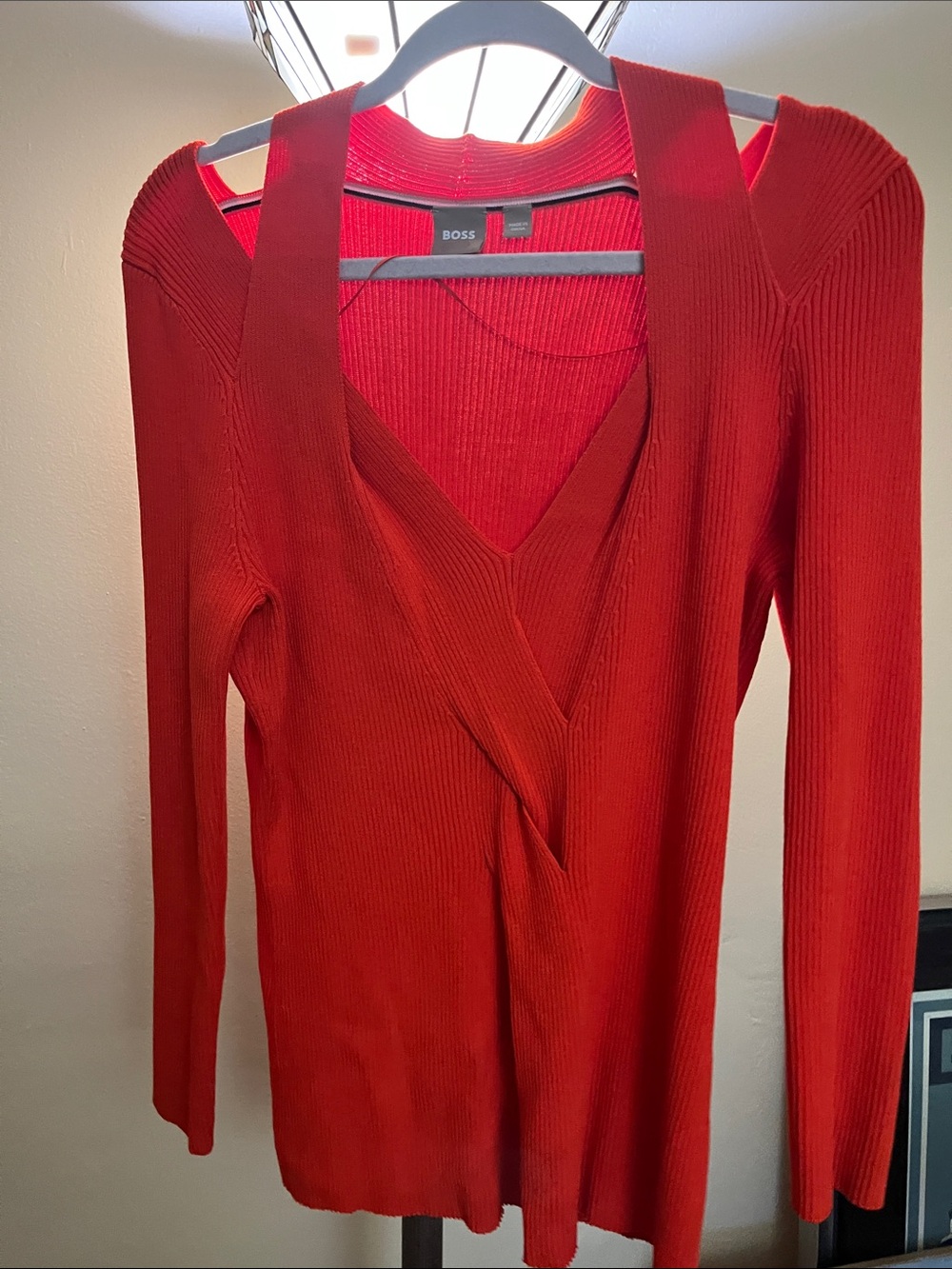 BOSS Bright Orange Ribbed V-Neck Long Sleeve Top Size XL